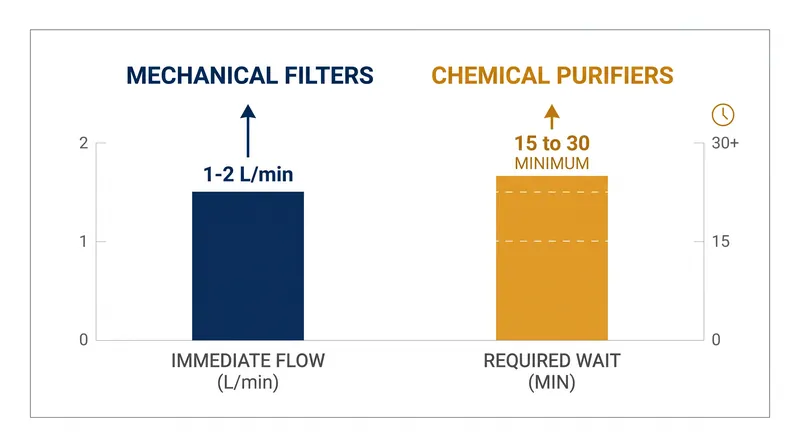 The trade-off between mechanical filtration speed and chemical purification wait times.