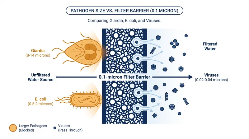The size disparity between protozoa, bacteria, and viruses dictates what a mechanical filter can catch.