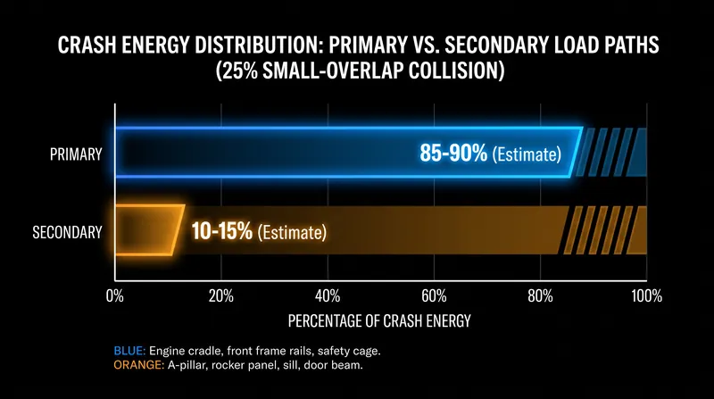 In a small-overlap crash, energy bypasses the primary crush cans and forces secondary load paths to absorb the impact.
