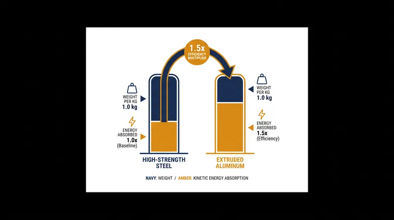 Extruded aluminum absorbs significantly more kinetic energy per kilogram than traditional high-strength steel.