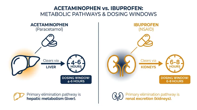Acetaminophen and ibuprofen utilize different metabolic pathways, allowing them to be staggered safely if tracked meticulously.