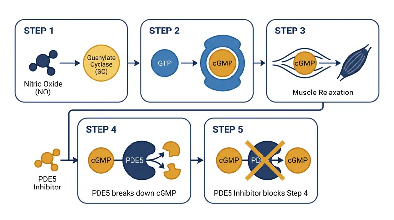 The cellular cascade that controls smooth muscle relaxation and how PDE5 inhibitors intervene.