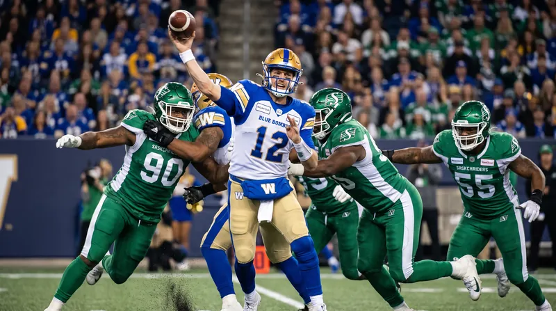 Winnipeg's offense faced heavy pressure from the Saskatchewan defensive line throughout the first half.