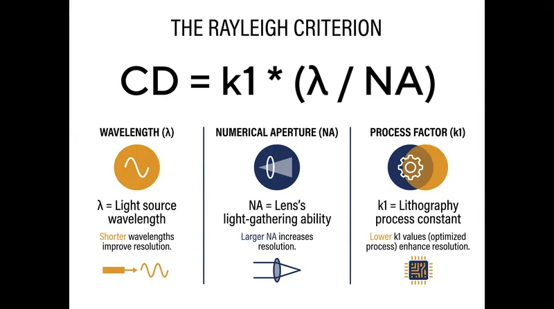 The Rayleigh criterion defines the minimum resolvable feature size based on three variables.