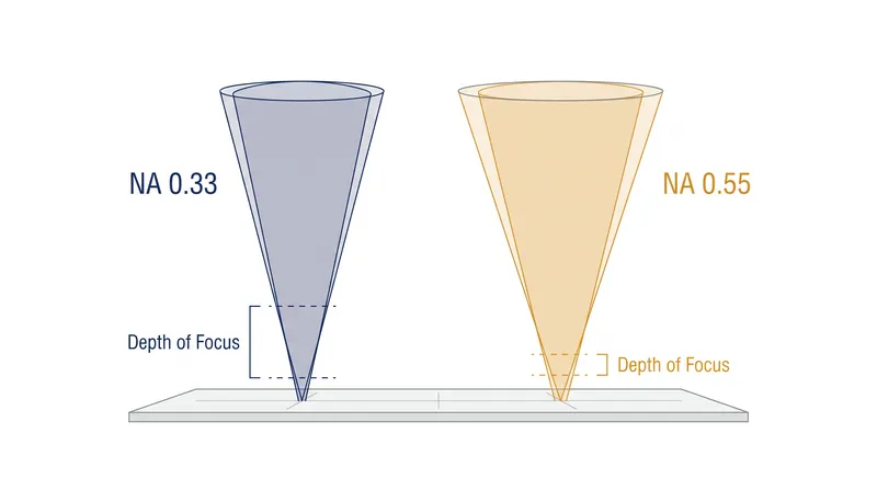 Higher Numerical Aperture allows for finer resolution but drastically reduces the depth of focus.