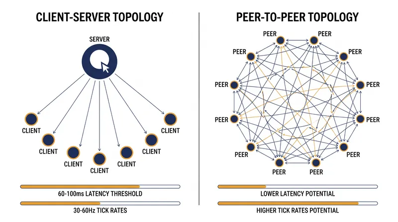 Authoritative servers centralize the game state, while peer-to-peer models distribute it across all connected clients.