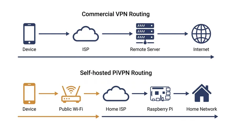 While commercial VPNs mask traffic from a home ISP, a self-hosted setup routes remote traffic directly back to the user's living room.