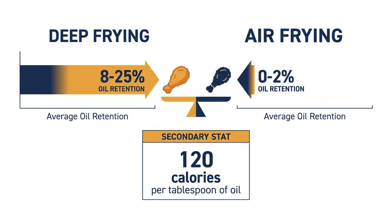 Air frying relies on high-velocity convection rather than submersion, reducing oil retention to roughly 1 to 2 percent for most foods.