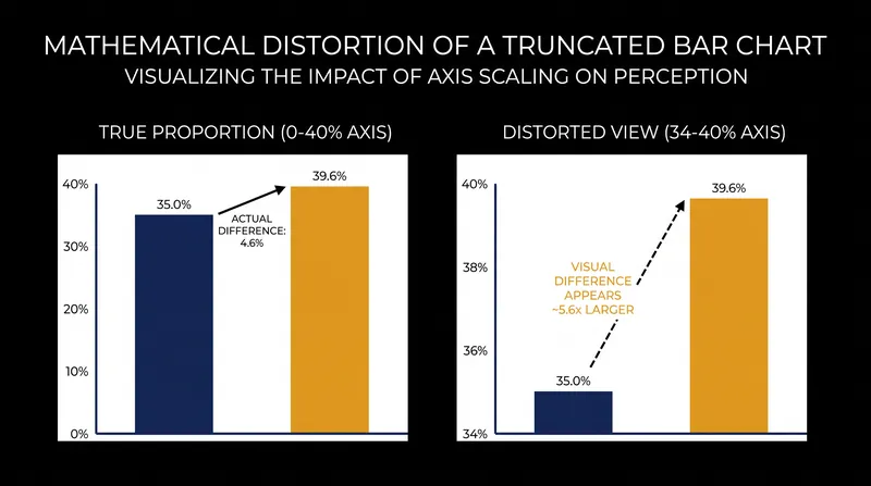 When a bar chart's baseline is truncated, the physical length of the bars no longer matches the numerical ratio.