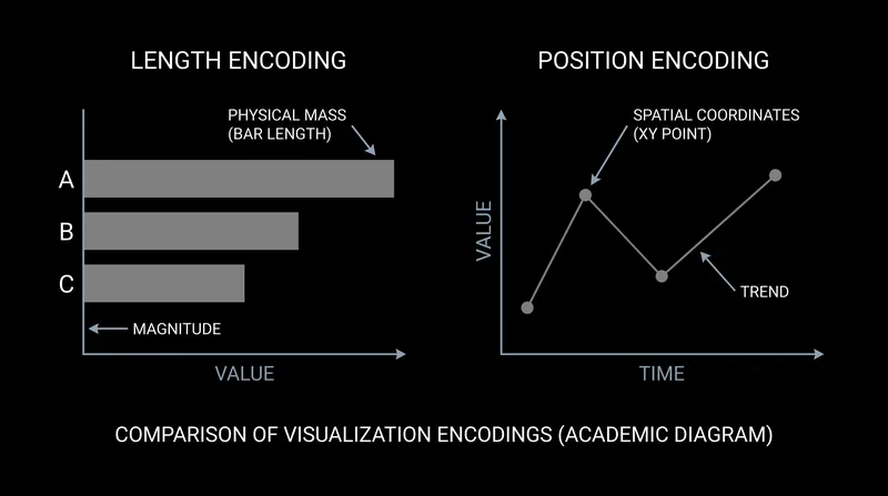 Human visual perception processes the length of a bar differently than the spatial position of a line.