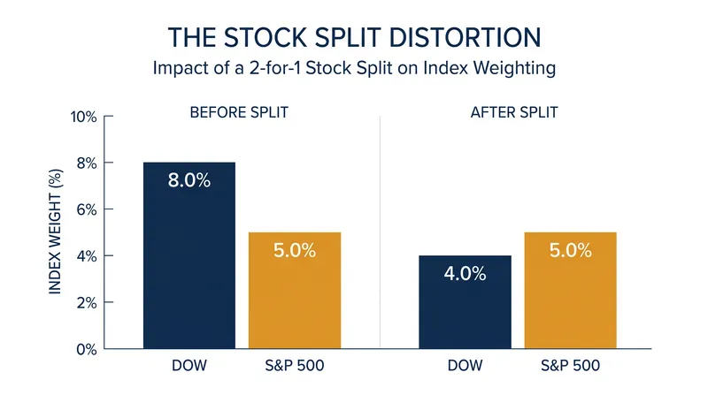 A stock split instantly halves a company's influence in the Dow, while leaving its S&P 500 weight unchanged.