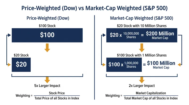 How share price dictates influence in the Dow compared to total corporate value in the S&P 500.