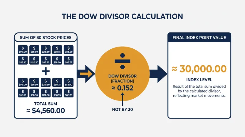 The Dow Divisor is continuously adjusted to prevent stock splits from artificially crashing the index.