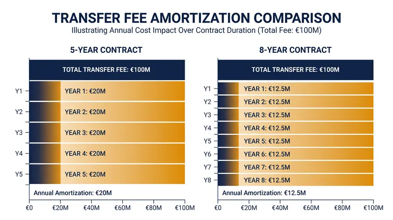 Spreading a €100 million transfer fee over eight years instead of five reduces the annual accounting expense by 37.5%.