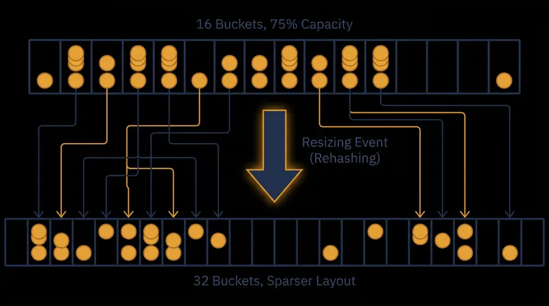 Rehashing requires allocating a new array double the size of the original and recalculating the index for every stored entry.
