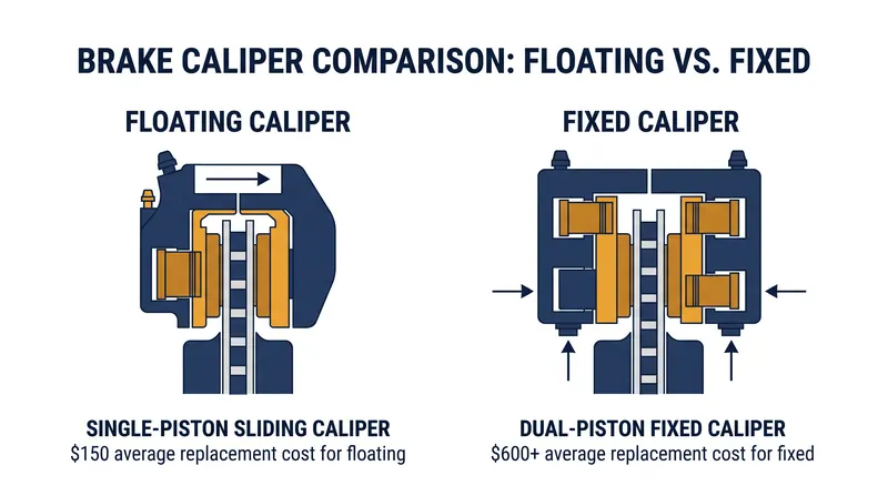 Floating calipers reduce manufacturing costs by using a sliding pin mechanism instead of outboard pistons.