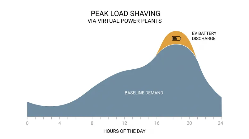 Aggregated EV batteries can flatten the evening demand spikes that typically require fossil-fuel peaker plants.