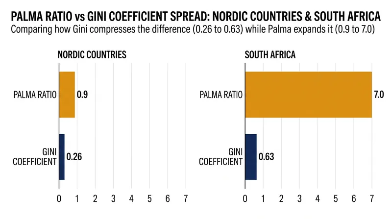 While the Gini coefficient compresses global inequality into a narrow 0-to-1 band, the Palma ratio expands the scale, making extreme wealth concentration highly visible.