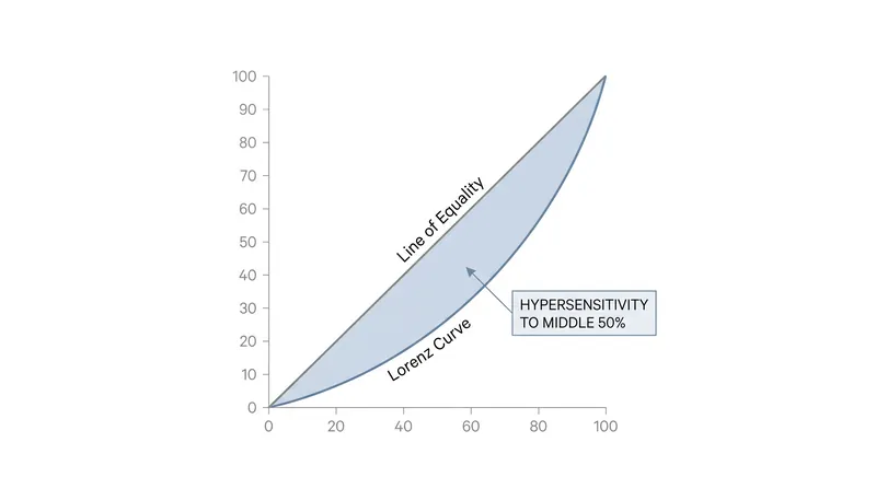 The Gini coefficient measures the entire income distribution, making it highly sensitive to middle-class wage shifts but blind to extreme wealth accumulation at the very top.