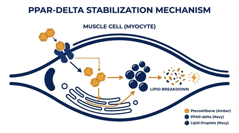 Pterostilbene binds to the PPAR-delta receptor, tricking the muscle cell into a fat-burning state similar to endurance exercise.