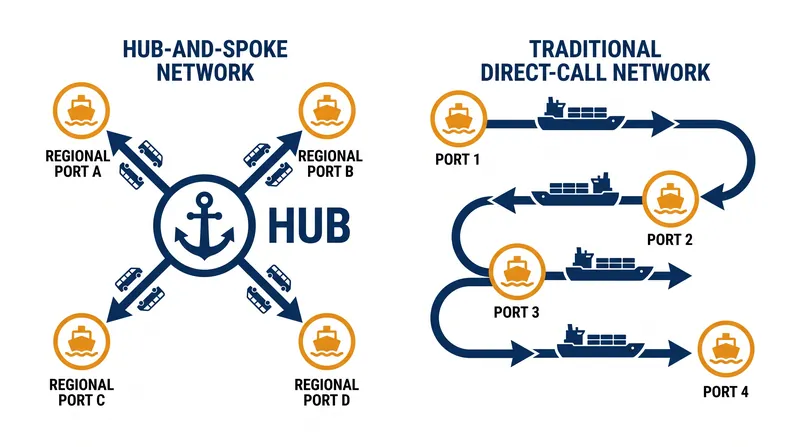The hub-and-spoke model reduces cascading delays by limiting the number of stops a mainline vessel makes.
