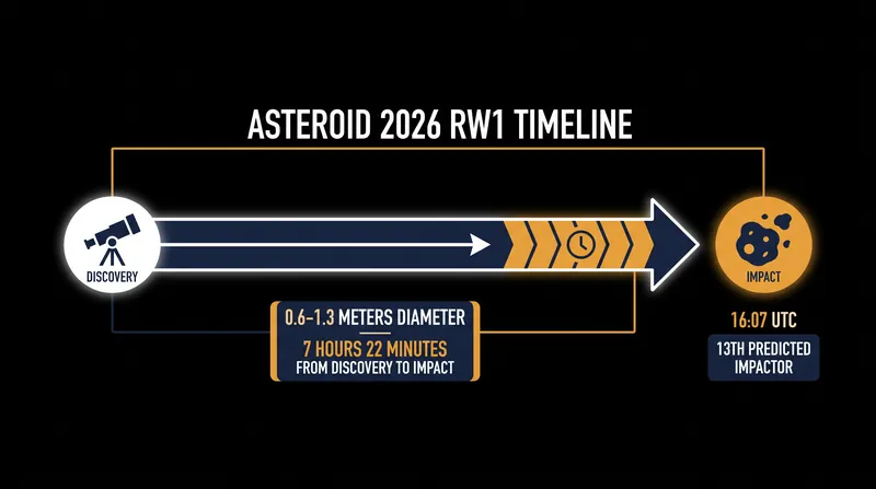Key statistics and timeline for the atmospheric entry of Asteroid 2026 RW1.