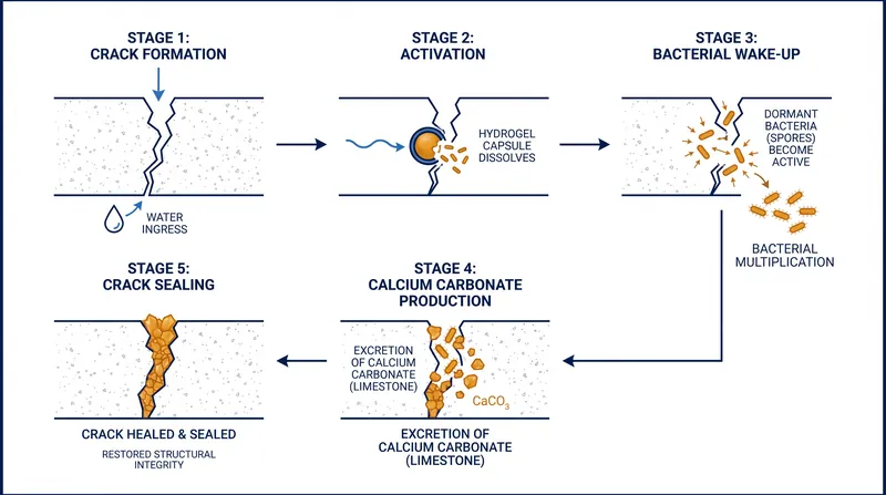 How encapsulated bacteria and calcium lactate react with water to seal concrete fissures.