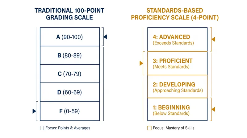 The 4-point proficiency scale replaces the traditional 100-point percentage system.