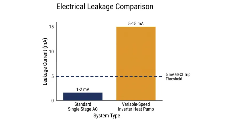 Variable-speed heat pumps often exceed the 5-milliamp leak threshold that triggers standard GFCI breakers.