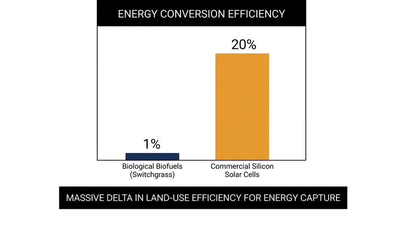 Commercial solar panels convert sunlight to energy at roughly 20 times the efficiency of harvestable biological crops.