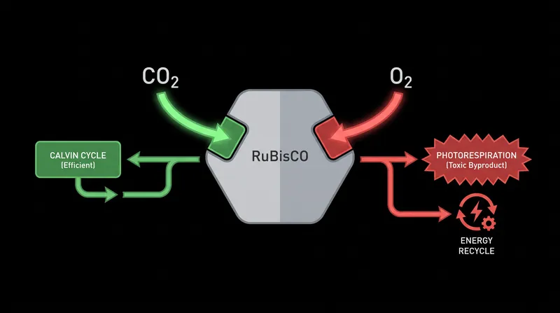 The RuBisCO enzyme frequently mistakes oxygen for carbon dioxide, triggering an energy-intensive recycling process known as photorespiration.