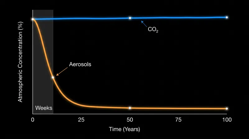 While carbon dioxide persists for centuries, aerosols wash out of the atmosphere in a matter of days.