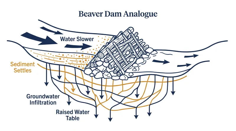 How beaver mimicry slows water and recharges shallow groundwater reservoirs.