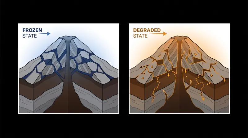 As permafrost thaws, the ice that binds rock fractures together melts, leaving steep slopes highly vulnerable to seismic shocks.