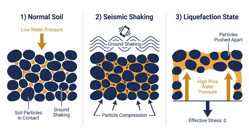During a seismic event, trapped groundwater absorbs the weight of the compressing soil, forcing particles apart and eliminating load-bearing capacity.