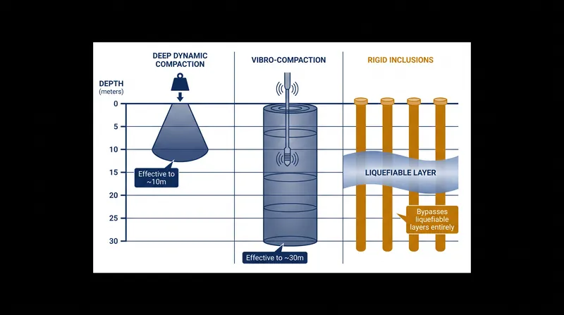 Geotechnical engineers select mitigation techniques based on the depth of the liquefiable soil layer and the fines content of the material.