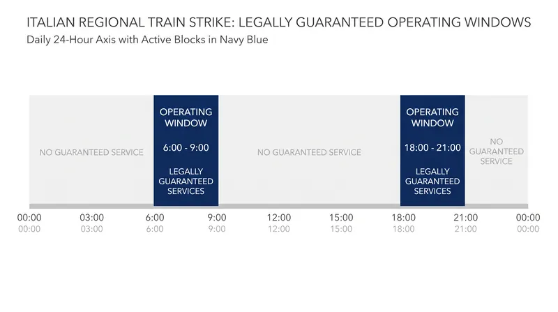 Regional train services in Italy are legally guaranteed to operate only during two three-hour windows on strike days.