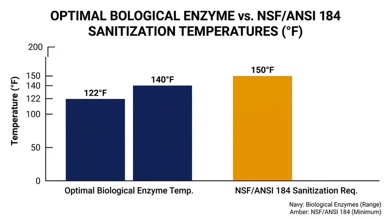 The temperature required to sanitize a dish is actively lethal to the enzymes required to clean it.