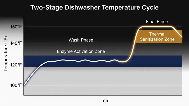 The thermal choreography required to clean and sanitize a dish without destroying the detergent.