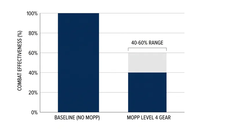 Operating in full protective gear severely degrades a unit's combat effectiveness due to heat stress and restricted mobility.