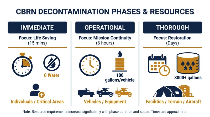The resource requirements scale exponentially as decontamination shifts from individual survival to unit reconstitution.