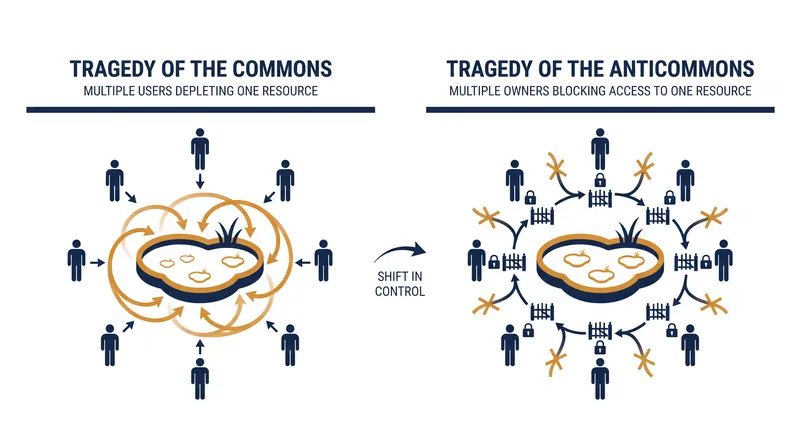 The anticommons operates as the mirror image of the commons: underuse caused by too many rights of exclusion.