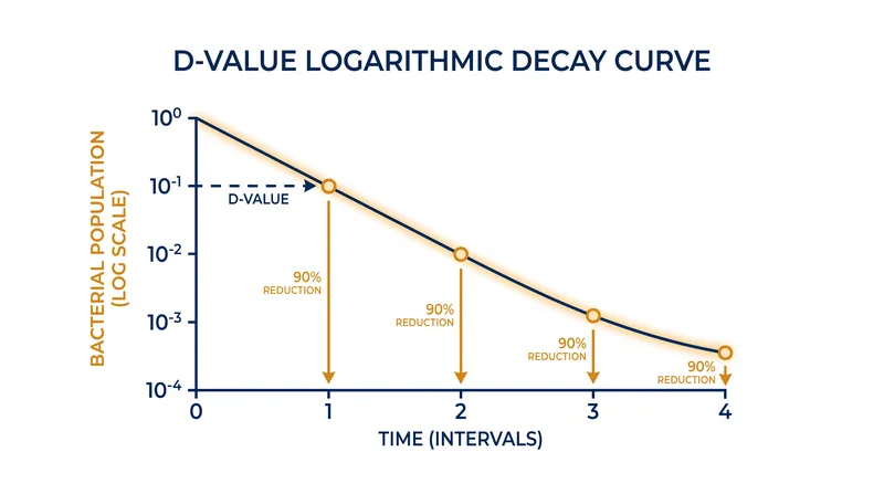 The D-value represents the time required to reduce a microbial population by 90 percent at a specific temperature.