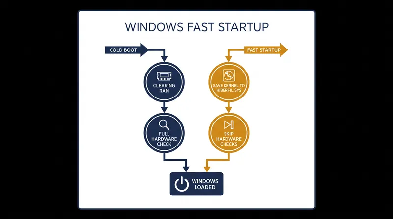 Fast Startup skips deep hardware initialization by reading a saved snapshot of the kernel directly from the storage drive.