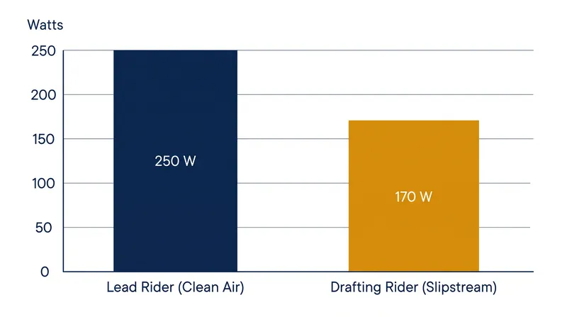 The 30-to-80-watt penalty: pushing clean air demands significantly more mechanical power than holding the same speed in the draft.