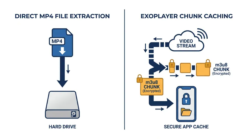 How raw file extraction differs from the encrypted chunk caching used by official offline viewing features.