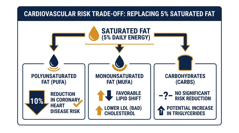 Replacing saturated fat with polyunsaturated fat yields the most significant reduction in cardiovascular risk, while replacing it with carbohydrates offers no benefit.