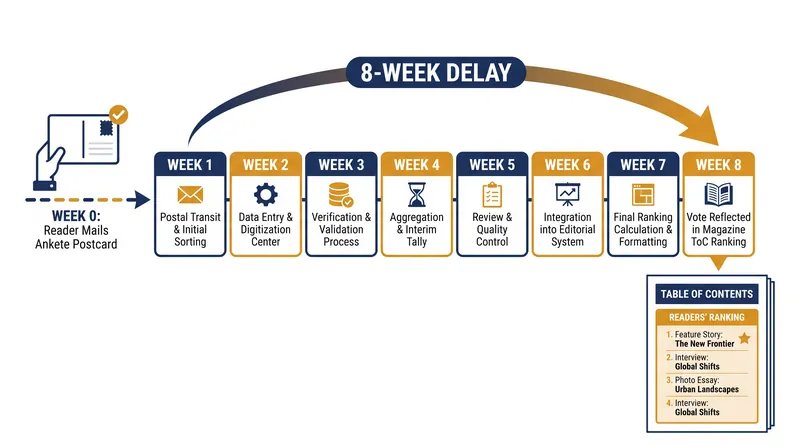 The Table of Contents ranking operates on an approximate 8-week delay from the time readers cast their votes.