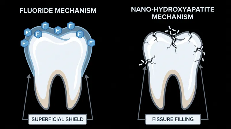 While fluoride alters the chemistry of the tooth surface to resist acid, hydroxyapatite acts as a sacrificial layer that physically rebuilds the structure.