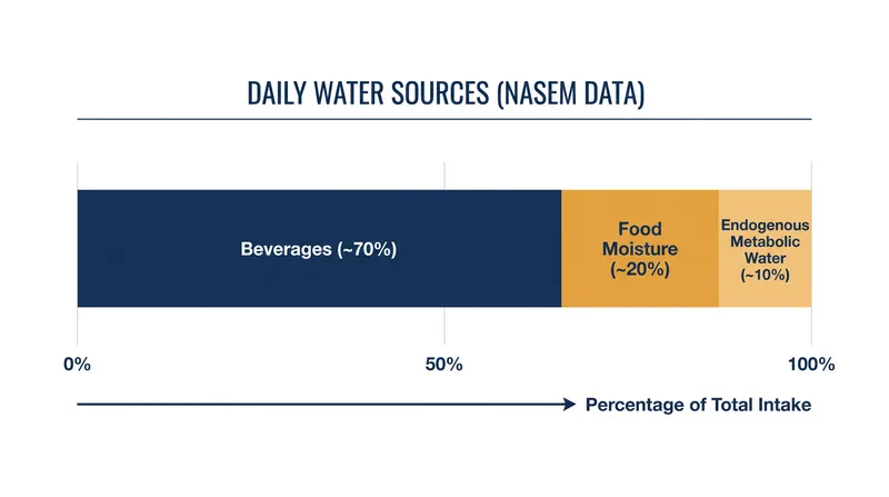 Total daily water intake includes moisture from solid foods and metabolic water produced by cellular respiration.